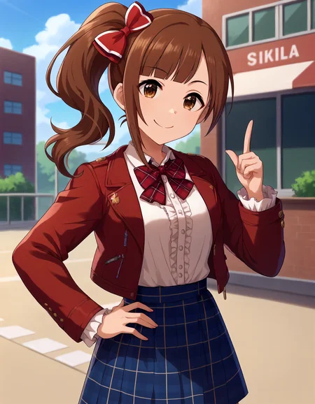 score_9,score_8_up,score_7_up,1girl,solo,cowboy shot,looking at viewer,smile,closed mouth,index finger raised,hand on hip,outdoors,
<lora:igarashikyoko_ponyXLV6:0.8>,cgigk,
brown hair,blunt bangs,side ponytail,brown eyes,
hair bow,red bowtie,white shirt,red jacket,frills,blue plaid skirt