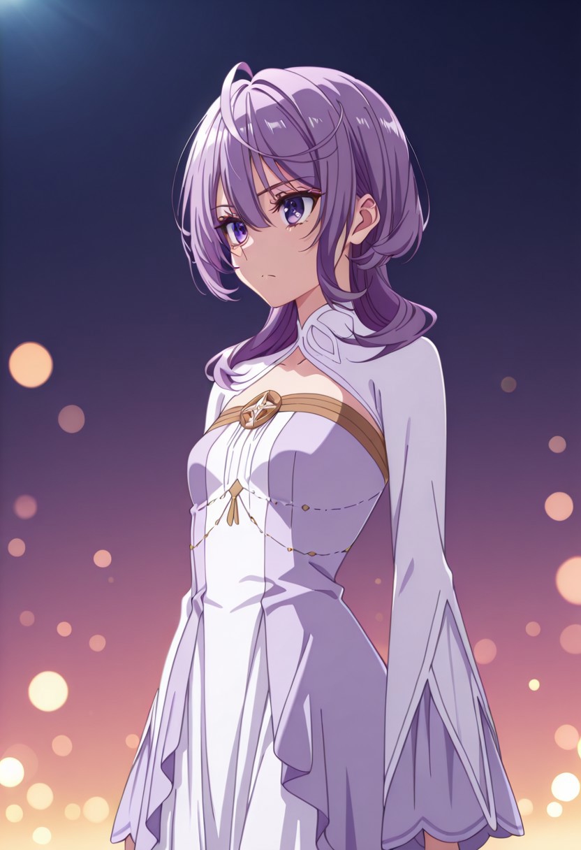 masterpiece, best quality, amazing quality, dynamic view,  solo, dynamic view,  solo, 1girl, masterpiece, best quality, bokeh, luminescent background, 
(philiaadenauer,, 
purple hair, ahoge, long hair, blunt bangs, hair over shoulder, sidelocks, hair betveen eyes, purple eyes, small breasts,
 , closed mouth, serious face,,
  dress, two-tone dress, purple dress, white dress,  long sleeves, purple shoes,,
,),  
portrait, happy