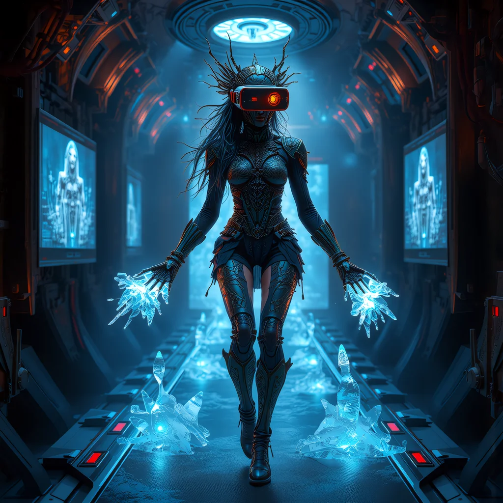 in the style of piratepunk, mythpunk, and cyberpunk. Combining mythological and legendary aesthetic of magical, pirate, and futuristic cybernetic technology. Featuring a female adventurous shadowmancer mythological pirate caster. Wearing a biopunk exoskeletonwith organic tissue grafts, vein-like patterns melding flesh and metal with matching  mechanical_arms with intricate glowing runes.  In a Virtual Reality Chamber, Immersive environment with motion-capture sensors, wearing a VR headset, walking on a omnidirectional treadmill, projection screens display the virtual simulation she is seeing in her VR headset, she is casting a cryokinesis (mind over ice and cold).    <lora:art and styles/MysticFantasy.safetensors:1.0>, <lora:scifi/fluxPiratePunk_v1.safetensors:1.0>,<lora:artist/style_of_H._R._Giger_FLUX_295-000006.safetensors:1.0>, style of H. R. Giger, <lora:wlop:0.8>, wlop,