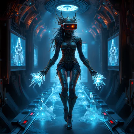 in the style of piratepunk, mythpunk, and cyberpunk. Combining mythological and legendary aesthetic of magical, pirate, and futuristic cybernetic technology. Featuring a female adventurous shadowmancer mythological pirate caster. Wearing a biopunk exoskeletonwith organic tissue grafts, vein-like patterns melding flesh and metal with matching mechanical_arms with intricate glowing runes. In a Virtual Reality Chamber, Immersive environment with motion-capture sensors, wearing a VR headset, walking on a omnidirectional treadmill, projection screens display the virtual simulation she is seeing in her VR headset, she is casting a cryokinesis (mind over ice and cold). <lora:art and styles/MysticFantasy.safetensors:1.0>, <lora:scifi/fluxPiratePunk_v1.safetensors:1.0>,<lora:artist/style_of_H._R._Giger_FLUX_295-000006.safetensors:1.0>, style of H. R. Giger, <lora:wlop:0.8>, wlop,
