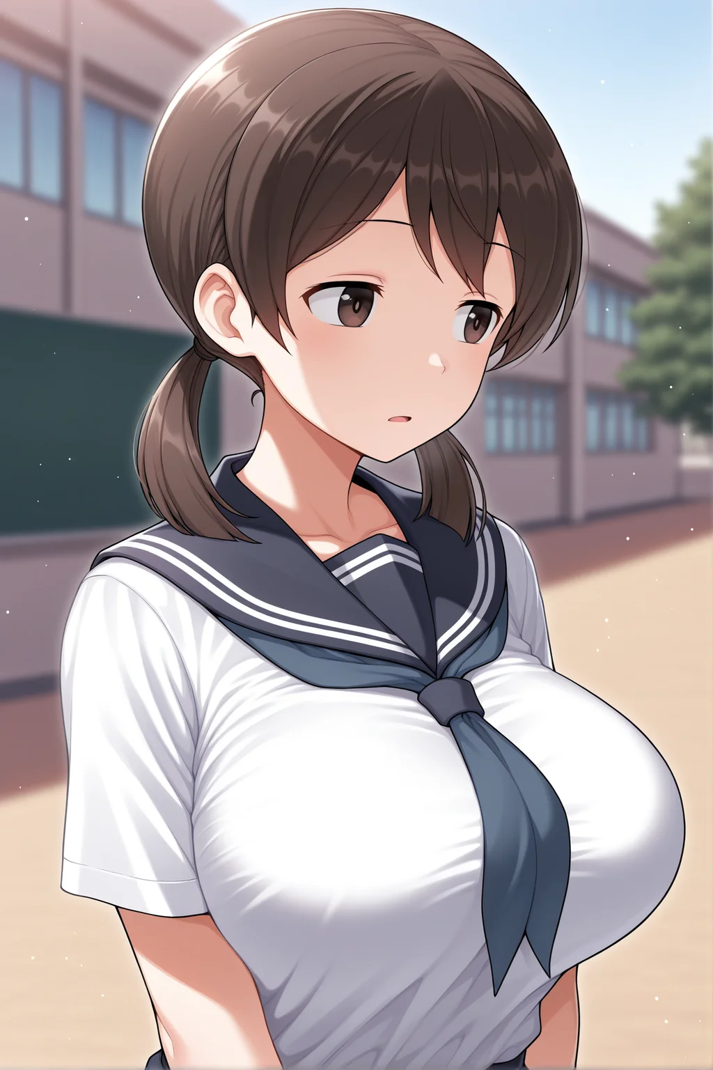 masterpiece,best quality,amazing quality,<lora:nao-illustXL-civit-000008:1> outdoors,school,depth of field,blurry background,light particles, solo, girlnao, medium hair,school uniform,serafuku,brown hair,brown eyes,large breasts,looking away,low twintails,expressionless, open mouth,