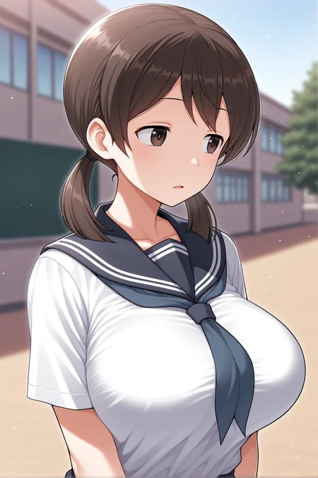 masterpiece,best quality,amazing quality,<lora:nao-illustXL-civit-000008:1> outdoors,school,depth of field,blurry background,light particles, solo, girlnao, medium hair,school uniform,serafuku,brown hair,brown eyes,large breasts,looking away,low twintails,expressionless, open mouth,