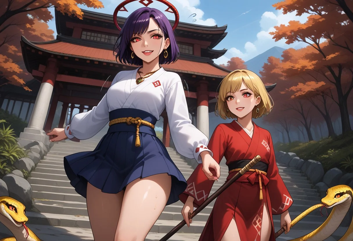 score_9,score_8_up,score_7_up,score_6_up,score_5_up,1girl, yasaka_kanako,touhou,purple_hair,red_eyes,curvy,goddess, tall_female,(fangs),scales,(slit pupils),(makeup),(purple_lips), lipstick,black_sclera,glowing eyes,thick_eyebrows,beautiful, source_anime,symmetrical,holding_wooden_staff,red_shirt, (long_sleeves),(blue_skirt),(long_skirt),(short_hair),(orbs:1.6), (long_tongue),(earrings),rope,beaded_bracalets,(rope_sash), mirror,mirror_necklace,(amulet),(rope_necklace),black_skirt,(diamond_print:1.4),(jewelry:1.4),(tattoos:1,4),(wide_hips),4k, (thick thighs),(thick legs),outdoors,rope_bridge,forest,shrine, japanese_garden,japanese_shrine,moss,mountains,autumn, (stalagmite:1.4),statue_komainu,(cliff),(falling_autumn_leafs),(leafs),(gemestone:1.2),(gold_snake_ornaments),gems,spine, (thorny_forest),impact_onomatopoeia,(wooden_signal),(wide shot),(dynamic_pose),aura,glowing aura,halo,(snake_hybrid), (perfect hands),(hand_sign),(motion lines:1.4),(sweat:1.4),(??),(trembling lines:1.4),(flying sweatdrops:1.4),(illustration),(8k), (thick_outlines),(smile),(tongue),frown,long_claws,(flying:1.4), (masterpiece),(best_quality),newest,absurdres,(best shadow), light_particles,highly_detailed_background,very_detailed_skin, amazing_quality,(very_detailed_clothes),(power_lines),speed lines,(emphasis_lines),(very_aesthetic),(dynamic_angle),HD, <lora:add-detail-xl:1.5>, Expressiveh