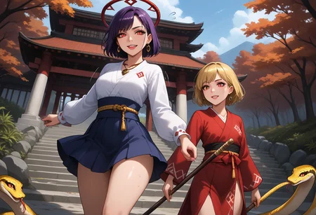 score_9,score_8_up,score_7_up,score_6_up,score_5_up,1girl, yasaka_kanako,touhou,purple_hair,red_eyes,curvy,goddess, tall_female,(fangs),scales,(slit pupils),(makeup),(purple_lips), lipstick,black_sclera,glowing eyes,thick_eyebrows,beautiful, source_anime,symmetrical,holding_wooden_staff,red_shirt, (long_sleeves),(blue_skirt),(long_skirt),(short_hair),(orbs:1.6), (long_tongue),(earrings),rope,beaded_bracalets,(rope_sash), mirror,mirror_necklace,(amulet),(rope_necklace),black_skirt,(diamond_print:1.4),(jewelry:1.4),(tattoos:1,4),(wide_hips),4k, (thick thighs),(thick legs),outdoors,rope_bridge,forest,shrine, japanese_garden,japanese_shrine,moss,mountains,autumn, (stalagmite:1.4),statue_komainu,(cliff),(falling_autumn_leafs),(leafs),(gemestone:1.2),(gold_snake_ornaments),gems,spine, (thorny_forest),impact_onomatopoeia,(wooden_signal),(wide shot),(dynamic_pose),aura,glowing aura,halo,(snake_hybrid), (perfect hands),(hand_sign),(motion lines:1.4),(sweat:1.4),(??),(trembling lines:1.4),(flying sweatdrops:1.4),(illustration),(8k), (thick_outlines),(smile),(tongue),frown,long_claws,(flying:1.4), (masterpiece),(best_quality),newest,absurdres,(best shadow), light_particles,highly_detailed_background,very_detailed_skin, amazing_quality,(very_detailed_clothes),(power_lines),speed lines,(emphasis_lines),(very_aesthetic),(dynamic_angle),HD, <lora:add-detail-xl:1.5>, Expressiveh