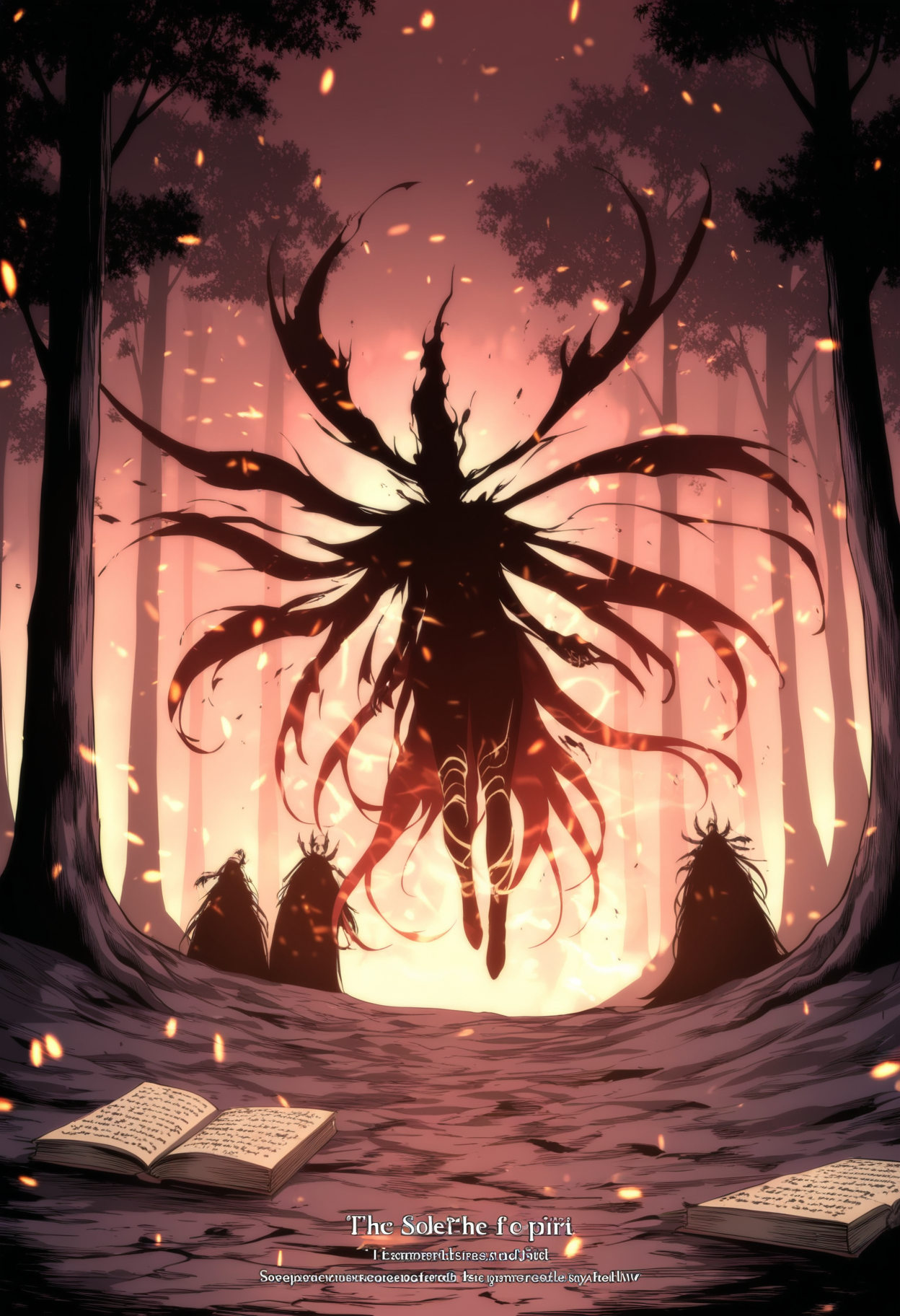 A sentient wildfire takes humanoid form, dancing through a petrified forest where trees stand like blackened sculptures. Its body flickers between flames and flowing crimson silk, embers transforming into brief-lived sparrows that take flight before vanishing. Charred pages from unknown books swirl in its wake, the text rewriting itself as they burn. Mythic and ephemeral, like a Studio Ghibli spirit conceived by Stephen King's imagination.
 <lora:SH_Sololvl_Style_v2:0.6> sololvl_style
 <lora:DynamicPoseIL2att_alpha1.0_rank4_noxattn_900steps:0.7> dynamic pose