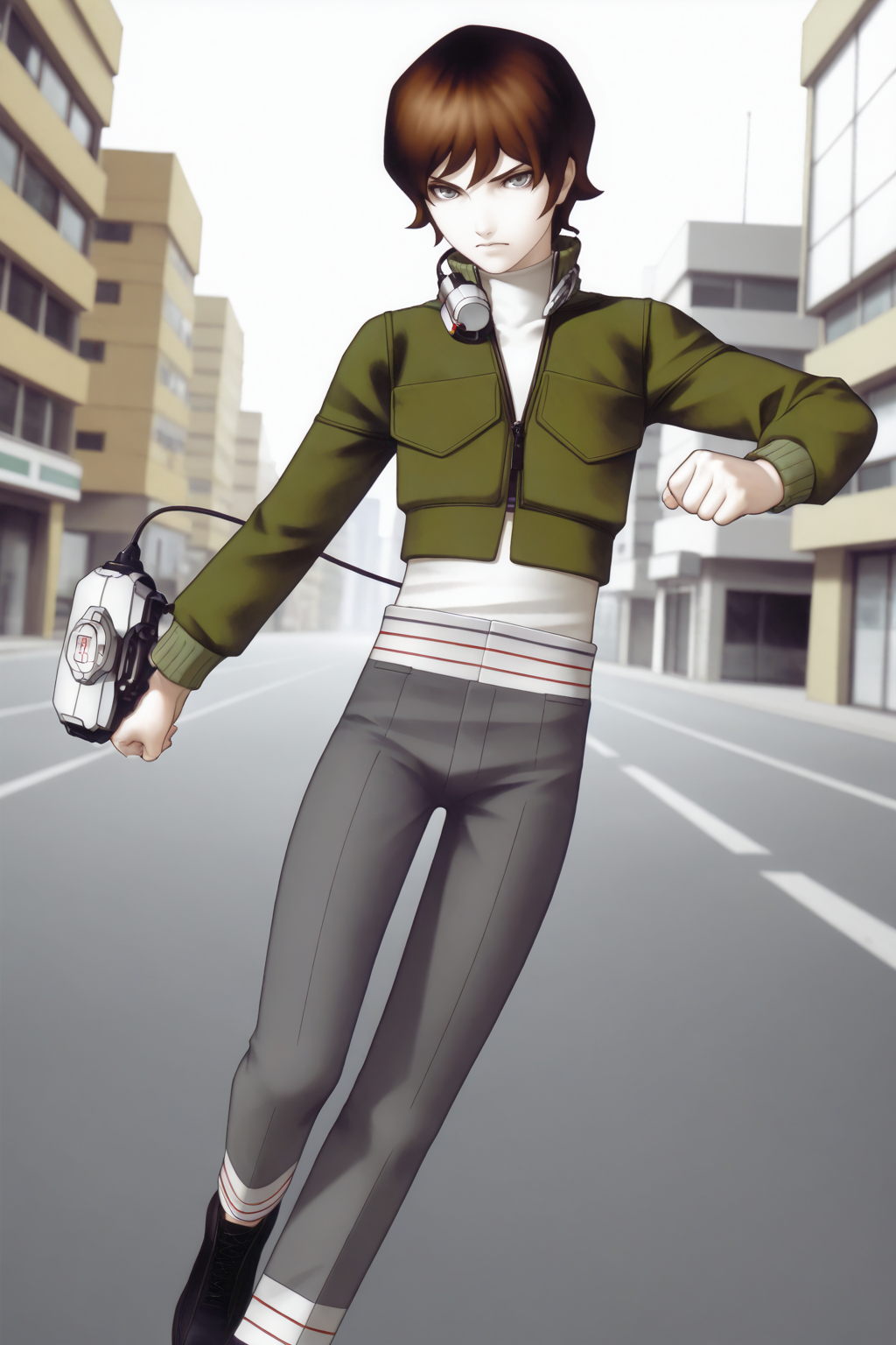 masterpiece,best quality,amazing quality, SMTHER1, 1boy, male focus, brown hair, short hair, grey eyes, white turtleneck shirt, green jacket, stripe trimmed pants, grey pants, black shoes, aged up, collar-mounted device, wrist terminal, mature eyes, skinny, action pose, corporate building background, outdoors, serious, looking at viewer