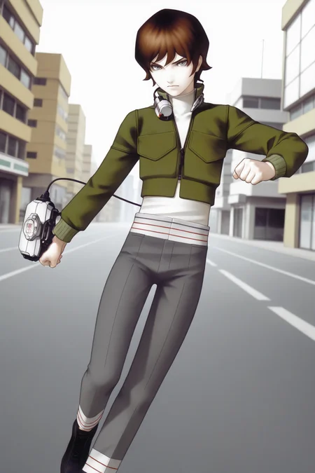 masterpiece,best quality,amazing quality, SMTHER1, 1boy, male focus, brown hair, short hair, grey eyes, white turtleneck shirt, green jacket, stripe trimmed pants, grey pants, black shoes, aged up, collar-mounted device, wrist terminal, mature eyes, skinny, action pose, corporate building background, outdoors, serious, looking at viewer