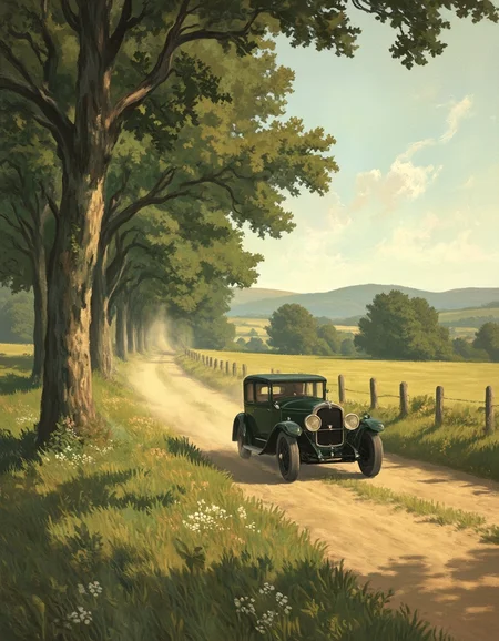 A painting in the style of Edward Hopper, depicting a 1920s car driving through the English countryside. The scene is bathed in soft, golden light of late afternoon, creating long, dappled shadows cast by towering oak trees that line a winding dirt path. The vintage car, with its polished, dark green body and elegant design, is captured mid-motion, dust gently trailing behind it. The foreground features delicate wildflowers and patches of grass, adding texture to the earthy tones of the path. In the distance, rolling hills rise gently under a pale blue sky with a hint of wispy clouds. The overall composition combines Hopper's signature attention to light and solitude with the pastoral charm of rural England.