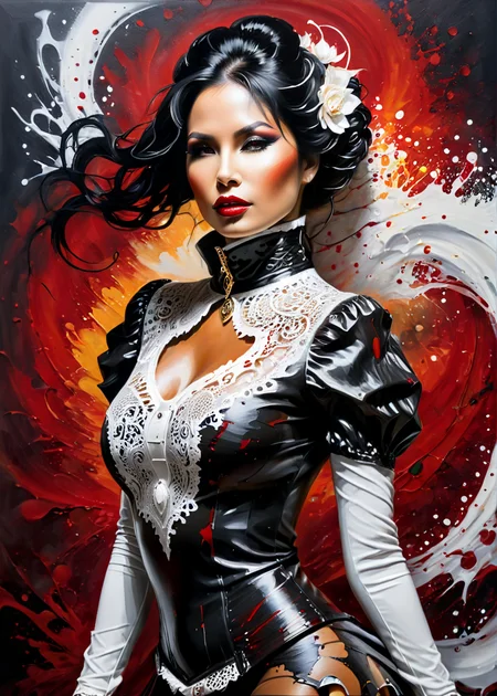 masterpiece, best quality, dark environment, (steampunk:1.5), a woman, black hair, black latex, white lace, turtleneck, sexy, full body, 8K, extremely detailed, decorated clothing, dragon, bloodwave, dynamic, great lighting, perfect shading, depth of field, soft side light, very detailed glowing background, <lora:add-detail-xl:0.8> <lora:MS_AcrylicArt_V1_SDXL:1> acrylic_painting, painting, brush strokes, paint drops, paint splatter