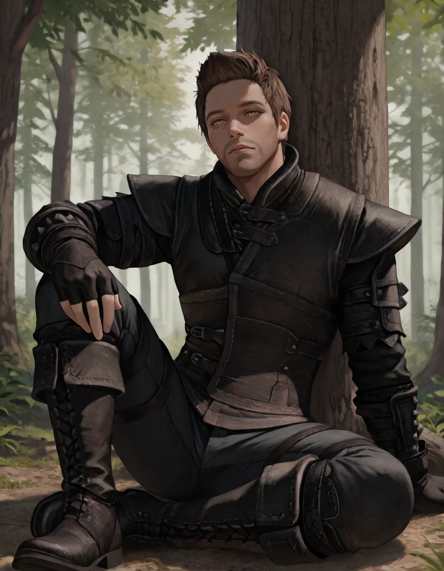 masterpiece, best quality, newest, perfect quality, best quality, detailed background, intricate details, male focus, realistic, solo, <lora:Skyrim Romance Mod - Bishop - Illustrious-000009:0.7>, srm_bishop, 1boy, brown hair, very short hair, yellow eyes, facial hair, leather armor, fingerless gloves, pants, boots, sitting, on ground, forest, back against tree