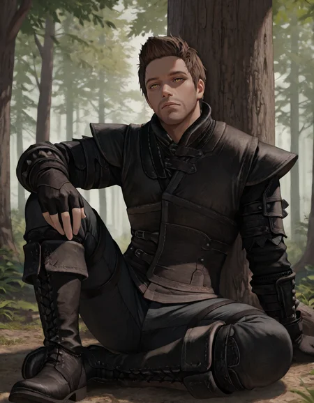 masterpiece, best quality, newest, perfect quality, best quality, detailed background, intricate details, male focus, realistic, solo, <lora:Skyrim Romance Mod - Bishop - Illustrious-000009:0.7>, srm_bishop, 1boy, brown hair, very short hair, yellow eyes, facial hair, leather armor, fingerless gloves, pants, boots, sitting, on ground, forest, back against tree