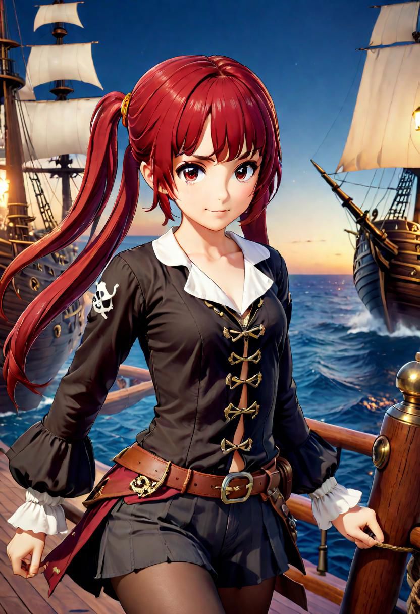 1girl,cute and beautiful face, pirate theme, full body, fighting stance,practical pirate attire, (long-sleeved pirate blouse),pirate hat, looking at viewer,(pirate ship),realistic lighting,masterpiece,photograph <lora:Ami_Arakawa:7>,happy, emotes feelings of adventure,red hair,twintails,smile, sword in hand,in battle