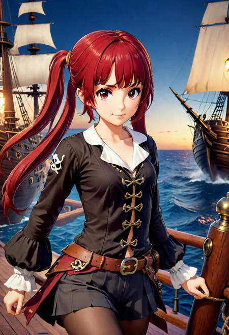1girl,cute and beautiful face, pirate theme, full body, fighting stance,practical pirate attire, (long-sleeved pirate blouse),pirate hat, looking at viewer,(pirate ship),realistic lighting,masterpiece,photograph <lora:Ami_Arakawa:7>,happy, emotes feelings of adventure,red hair,twintails,smile, sword in hand,in battle