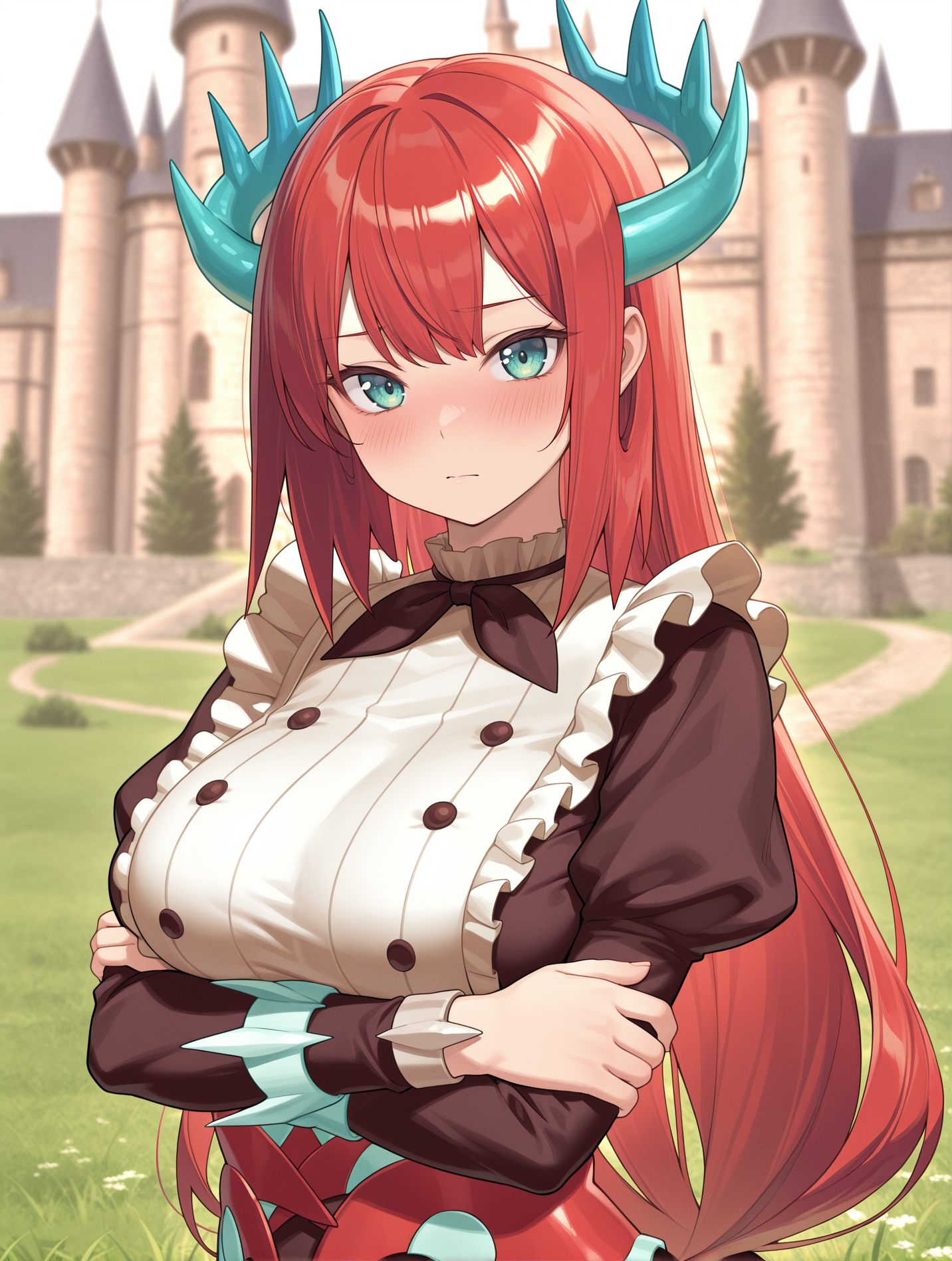 kitchen dragonmaid, 1girl, solo, looking at viewer, large breasts, brown maid clothes, blurry background, blurry, outdoor, blush, upper body, crossed arms, grass, castle,
masterpiece,best quality,amazing quality,very aesthetic,absurdres,newest,<lora:kitchen dragonmaid illuXL v1.1:0.72>,