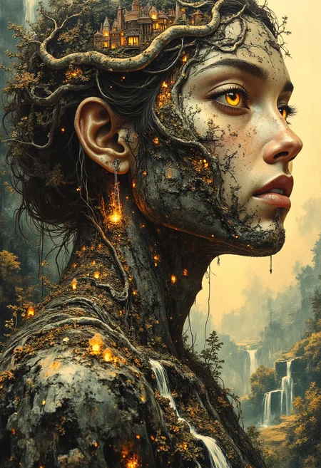 A tight head-and-shoulders portrait of a woman whose form is an extension of the earth itself. Her skin is textured like weathered stone and rich soil, with deep glowing fissures along her collarbone and neck, radiating soft golden light. Embedded veins of molten rock glow faintly beneath the surface. Her eyes are polished amber with flecks of gold and deep mossy green. Small trees and patches of dense greenery grow along her cheekbones and jawline, their leaves mist-covered and softly illuminated. Tiny glowing bioluminescent mushrooms cluster at the base of her throat. Her hair is composed of twisted vines, tangled roots, and blooming wildflowers, interwoven with fallen leaves and delicate petals. As it flows downward, it transforms into a dense, sprawling forest covering her shoulders, where miniature treetop villages are nestled among the branches. Small lanterns hang between the trees, casting a soft, golden glow. Her shoulders and collarbones form rolling hills, with small waterfalls cascading down her form, creating mist that drifts gently through the air. Clear rivers carve through the terrain, their surfaces reflecting warm sunlight. Tiny stone bridges arch over winding streams. Along the slopes of her shoulders, ancient stone ruins, partially covered in ivy, rest in quiet decay. The background is softly blurred, showing golden sunlight.
