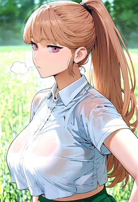score_9, score_8_up, score_7_up, score_6_up, source_anime, rating_explicit, 1girl, (solo:1.1), huge breasts, <lora:Lee Dahyeponyxl:1>long hair, pink eyes, red eyes, brown hair, blonde hair, orange hair, ponytail, white shirt, collared shirt, short sleeves, crop top, pleated skirt, green skirt, expressionless, Narrow shoulders, heavy breathing, steaming body, grasslands, outdoors, looking at viewer, close-up