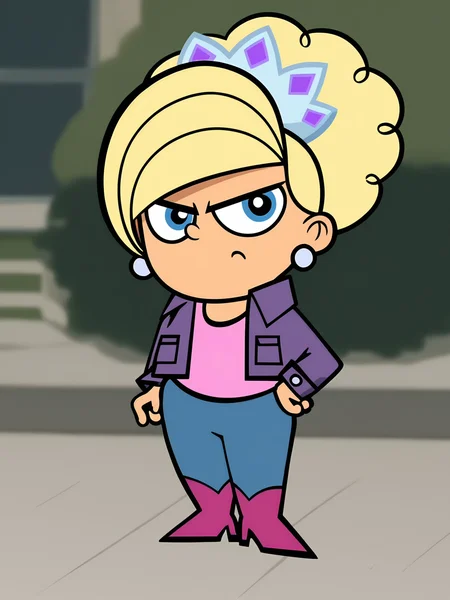<lora:Brianna_Buttowski:1.0> 1girl, brianna_buttowski, blonde hair, earrings, jewelry, blue eyes, jacket, blue pants, looking at viewer, full body, outdoors, solo, score_9, score_8_up, score_7_up,
