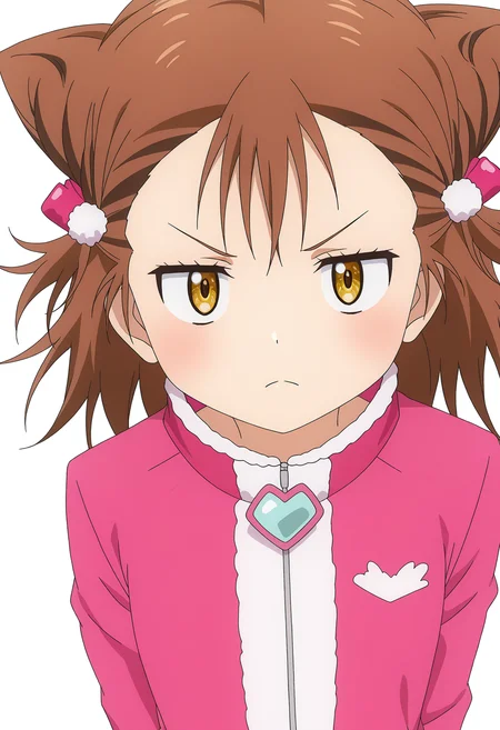 <lora:Ryouka MIKETA_illustrious-000034:1>,
Ryouka_MIKETA,1girl,solo,brown hair,yellow eyes,looking at viewer,frown,pink jacket,upper body,v-shaped eyebrows,hair ornament,closed mouth,blush,simple background,white background,short hair,cone hair bun,medium hair,zipper,double bun