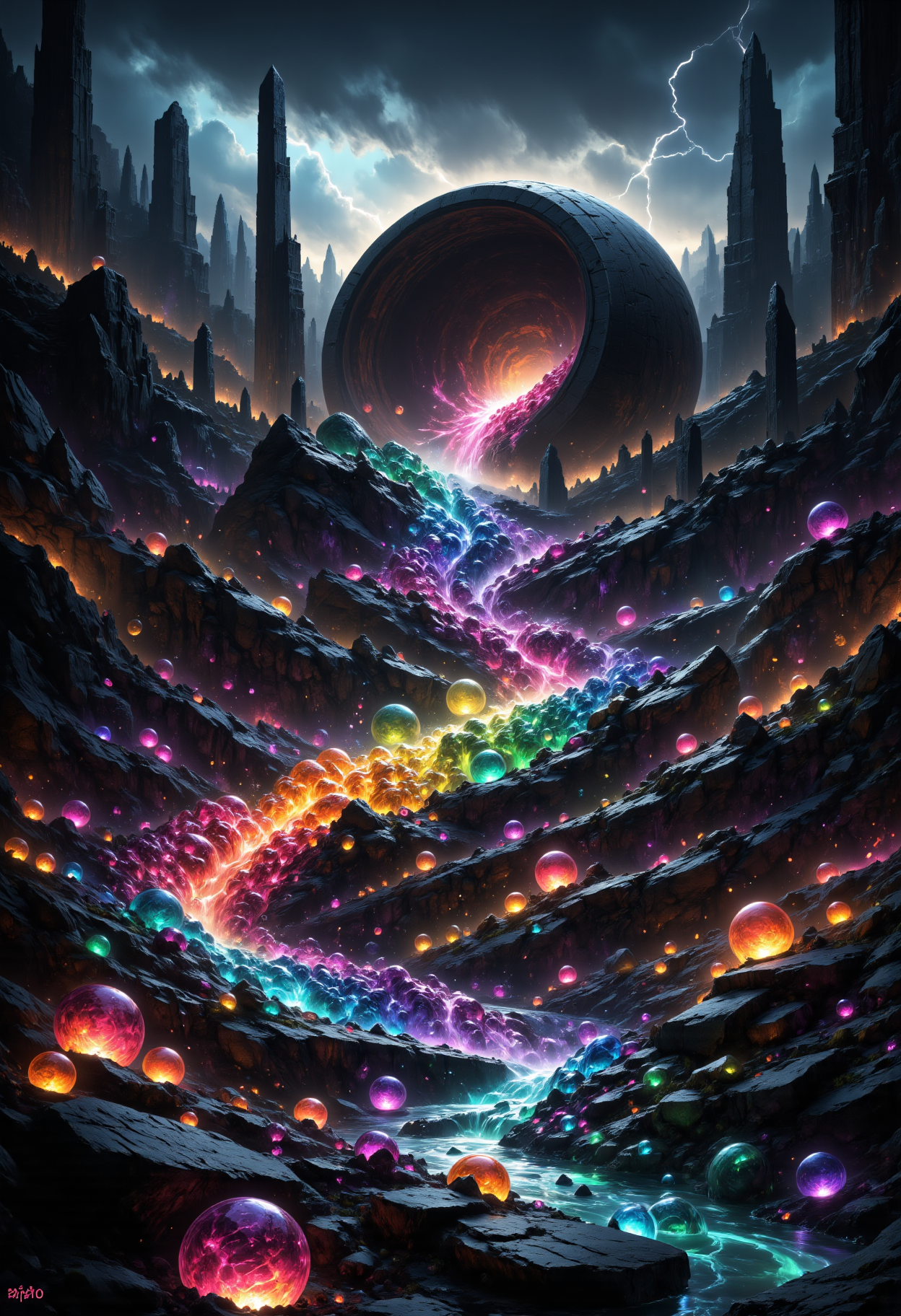 A mysterious flowof colorful magic gemstone spheres is being poured from a ((tilted colossal stone and iron crucible))and rolls through a fantasy landscape, the spheres roll along a like an avalanche and emit a brilliant light, (some of the spheres magically levitate in the air), a thick forest of large black obelisks stands at the edge of the river, magical golden sparks and flecks of light flit around in the air, the sky is epic and dark with low grey clouds and orange lightning, very dark background, high contrast, aidmasoftglow , aidmaMJ6.1, aidmaHyperrealism<lora:MysticFantasydetailer:0.6> <lora:aidmaSoftGlow:0.8> <lora:aidmaHyperrealismv0.3:0.4> <lora:aidmaMJ6.1v0.4:0.4> <lora:FluxDFaeTasticDetails:0.6>