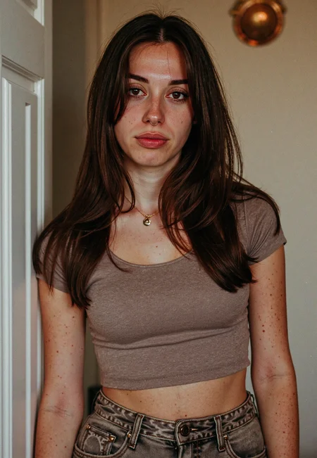 vintage film photography, voluminous dark hair, cinematic portrait, young woman, hourglass figure, narrow waist, full hips, big eyes, soft natural lighting, analog film grain, muted color tones, fully clothed, fitted shirt, fitted pants, moody aesthetic, waist-up shot, candid expression, shallow depth of field, retro ambiance, warm skin tones, random setting, artistic composition, timeless style, nostalgic atmosphere, soft focus edges. <lora:Abby_Boom:1.0>