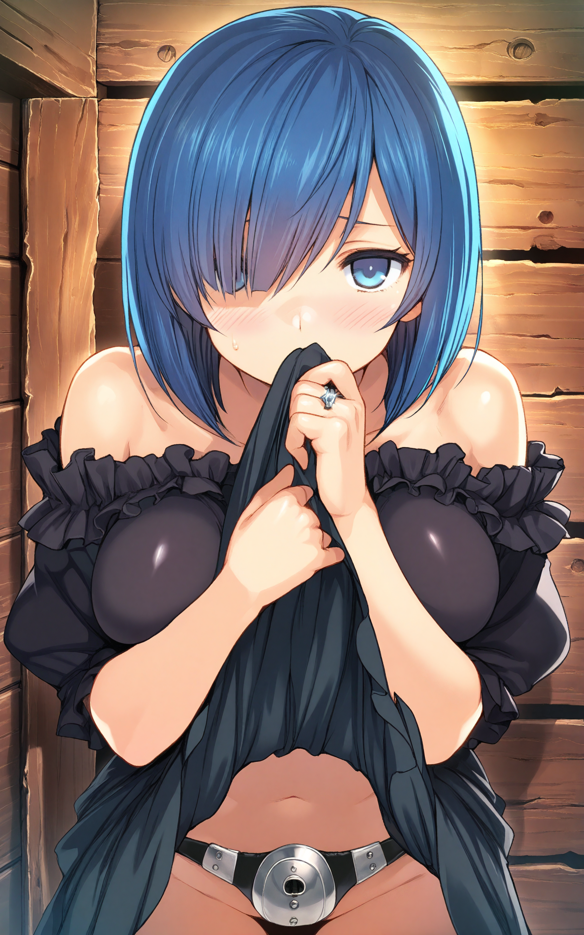 highres,absurdres,masterpiece,best quality,<lora:Cool Rance Zoot:1>,close-up,straight-on,1girl,standing,upper body,blue hair,short hair,straight hair,swept bangs,leaning forward,hair over one eye,(skirt lift:1.5),covering mouth,shy,blush,looking at viewer,blue eyes,layered dress,black dress,frills,collarbone,large breasts,ring,jewelry,indoors,wooden wall,(chastity belt:1.1),(bare legs:1.1),shiny skin,sweat,stomach,breasts squeezed together,