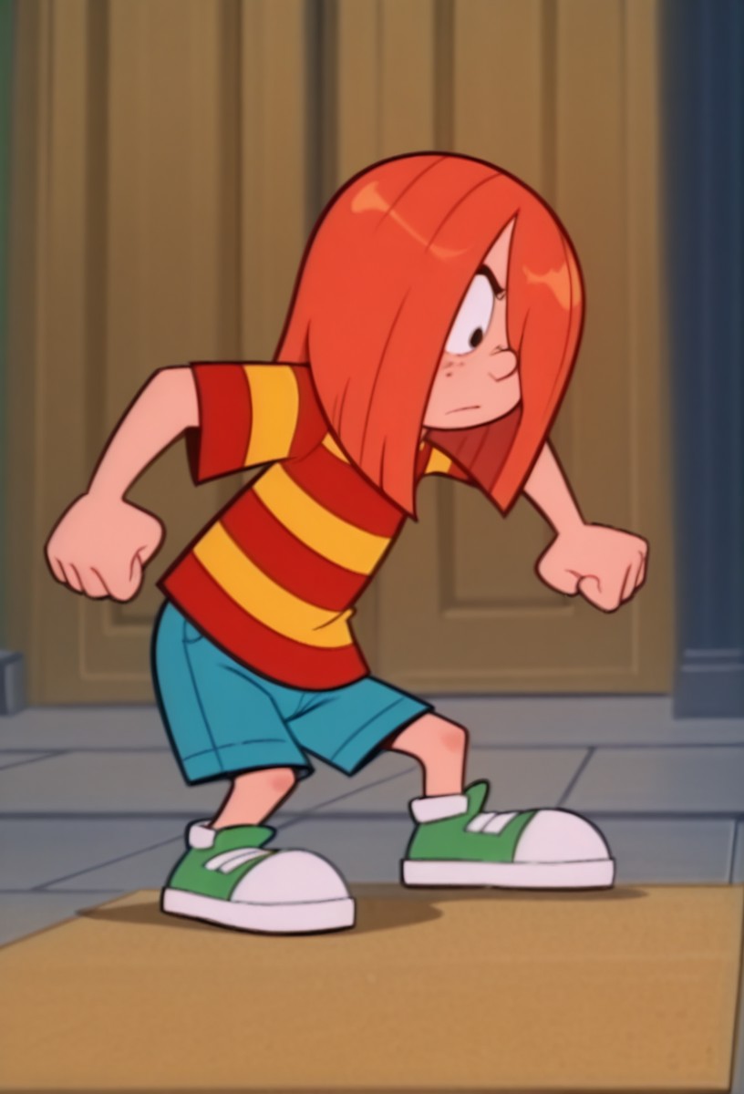 score_9, score_8, score_7_up, source_cartoon, orginal source, parody highres, absurdres, masterpiece, highly detailed, rating_safe, solo, BREAK,
WACGRANDD, 1girl, red hair, hair over one eye, orange hair, shirt, red shirt, yellow shirt, striped shirt, striped, blue shorts, green shoes, shorts, shoes, 
solo, female_focus, blurry_background