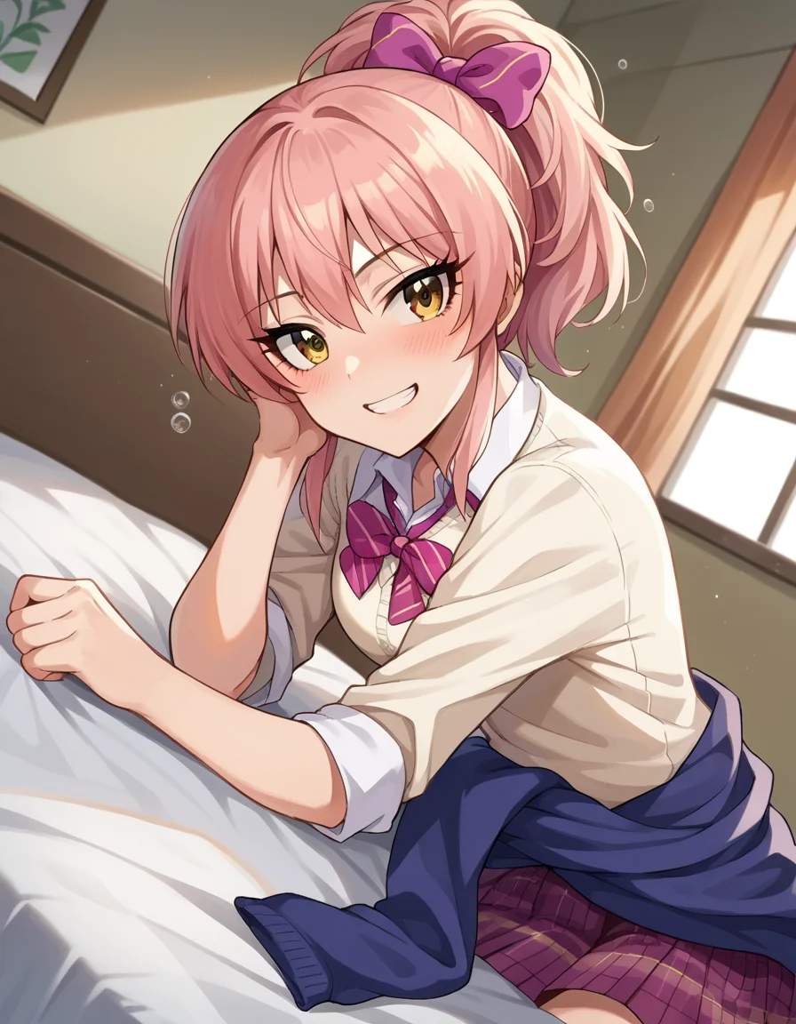 score_9, score_8_up, score_7_up, source_anime,
mikajougasaki, <lora:mika-jougasaki-ponyxl-lora-nochekaiser:1>
mika jougasaki, hair bow, long hair, pink hair, yellow eyes, ponytail, smile,
bow, clothes around waist, plaid, plaid skirt, school uniform, skirt, sweater, sweater around waist,
indoors, bed, bed room, on side, blush, drunk,
looking at viewer, dutch angle, cowboy shot,