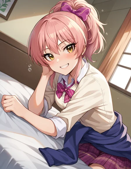 score_9, score_8_up, score_7_up, source_anime,
mikajougasaki, <lora:mika-jougasaki-ponyxl-lora-nochekaiser:1>
mika jougasaki, hair bow, long hair, pink hair, yellow eyes, ponytail, smile,
bow, clothes around waist, plaid, plaid skirt, school uniform, skirt, sweater, sweater around waist,
indoors, bed, bed room, on side, blush, drunk,
looking at viewer, dutch angle, cowboy shot,