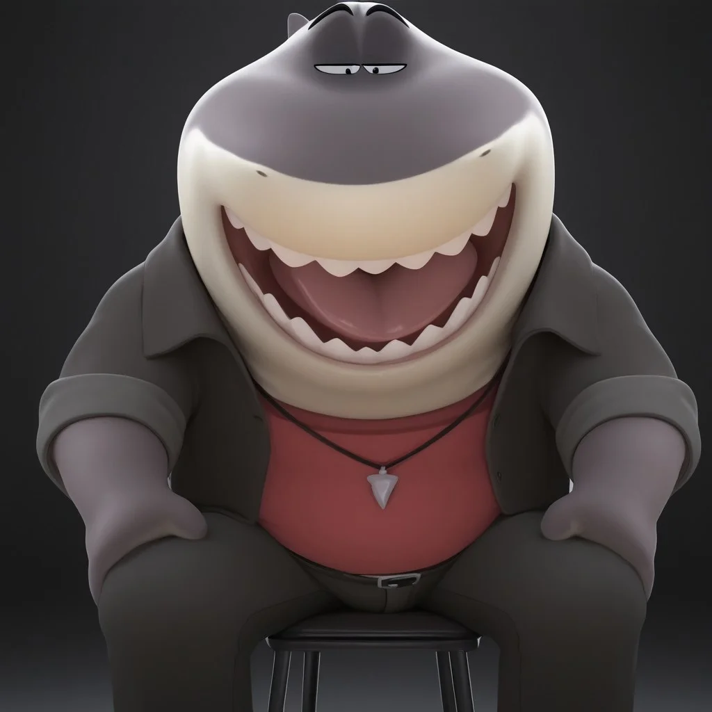 Masterpiece, High quality, amazing quality, Mr_shark, anthro, fat, sitting on a chair, open mouth, smile, Sharp teeth, half closed eyes, sexy, 3d, (solo), belly, (open mouth, open mouth wide, Tongue)