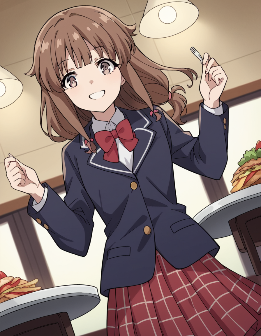 score_9, score_8_up, score_7_up, source_anime, <lora:kaede-azusagawa-s1-ponyxl-lora-nochekaiser:1>, kaede azusagawa, long hair, bangs, brown hair, brown eyes,, skirt, shirt, long sleeves, bow, school uniform, jacket, white shirt, pleated skirt, collared shirt, bowtie, red bow, black jacket, plaid, red skirt, plaid skirt, blazer, red bowtie,, restaurant, laughter, good food, warm lighting, celebration, smile, looking at viewer, solo,, cowboy shot, dutch angle
