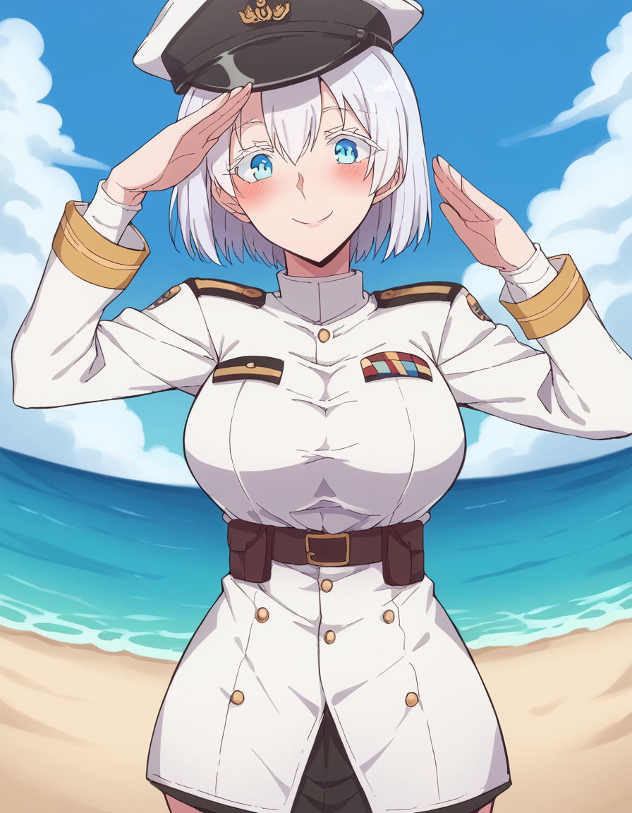 score_9, score_8_up, score_7_up, source_anime, <lora:nagomi-s1-ponyxl-lora-nochekaiser:1>, nagomi, short hair, white hair, blue eyes, white eyelashes, large breasts, mature female, <lora:kancolle-admiral-cosplay-ponyxl-lora-nochekaiser:1>, kancolle admiral cosplay, admiral (kancolle) (cosplay), naval uniform, cosplay, military uniform, military, peaked cap,, beach, salute, blush, smile, cowboy shot, looking at viewer,, , dutch angle, cowboy shot