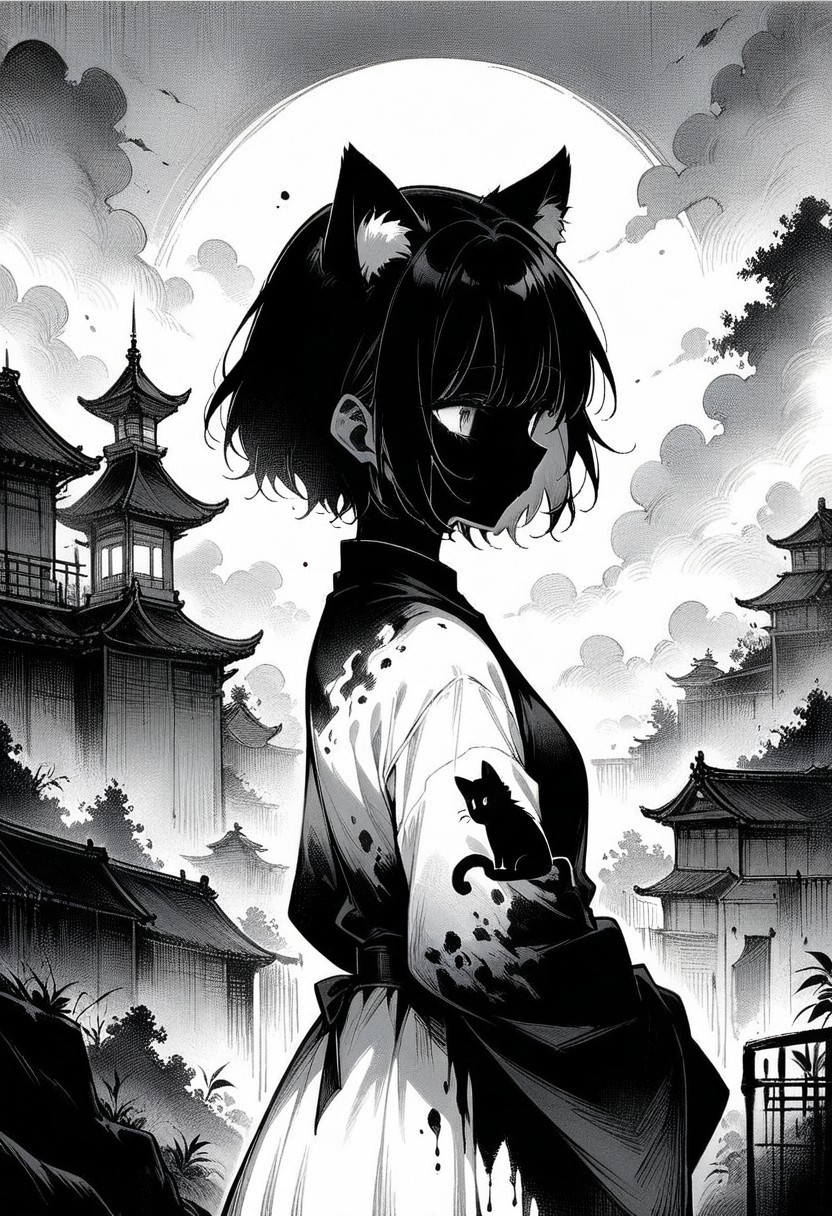 ((masterpiece, best quality, illustration)), ink painting, 1girl, solo, short hair, animal ears, standing, monochrome, greyscale, cat ears, silhouette