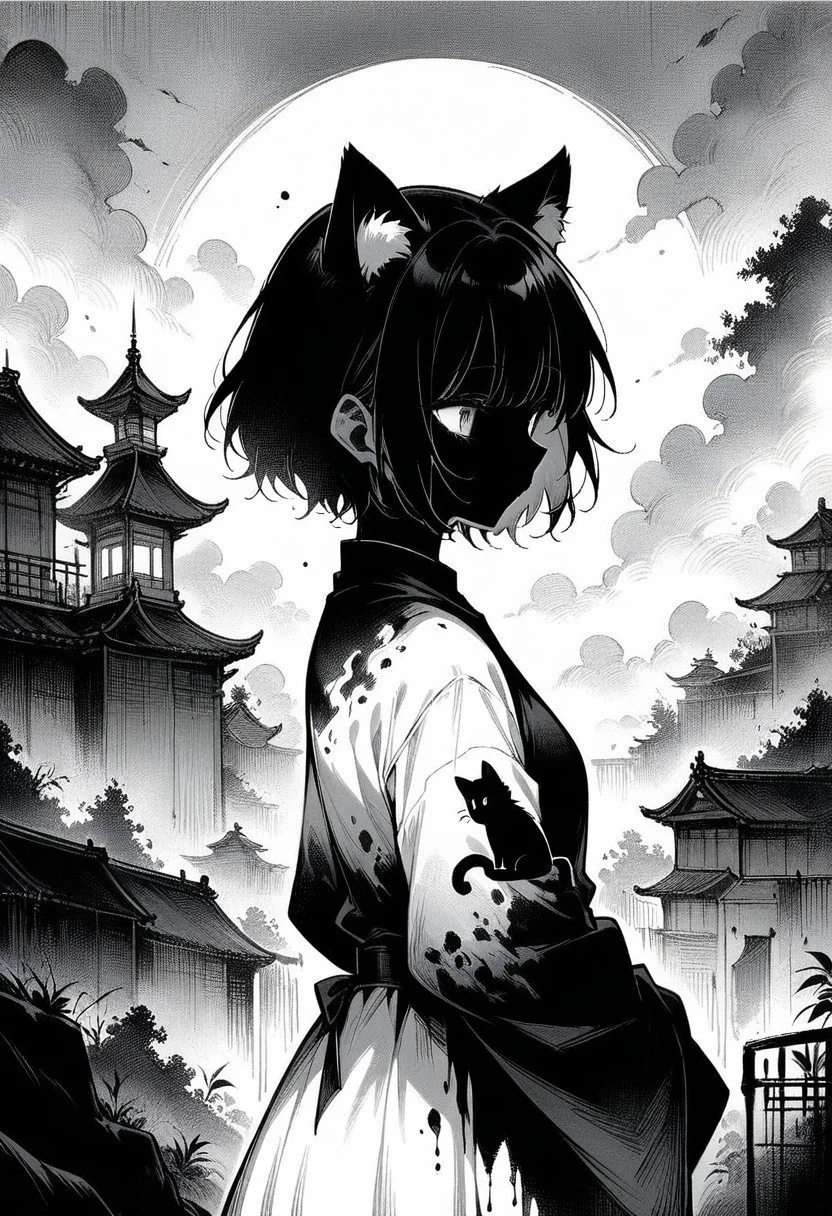 ((masterpiece, best quality, illustration)), ink painting, 1girl, solo, short hair, animal ears, standing, monochrome, greyscale, cat ears, silhouette