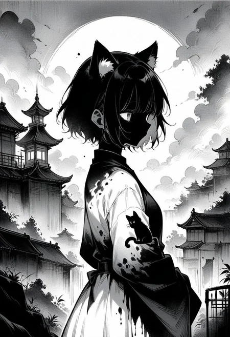 ((masterpiece, best quality, illustration)), ink painting, 1girl, solo, short hair, animal ears, standing, monochrome, greyscale, cat ears, silhouette