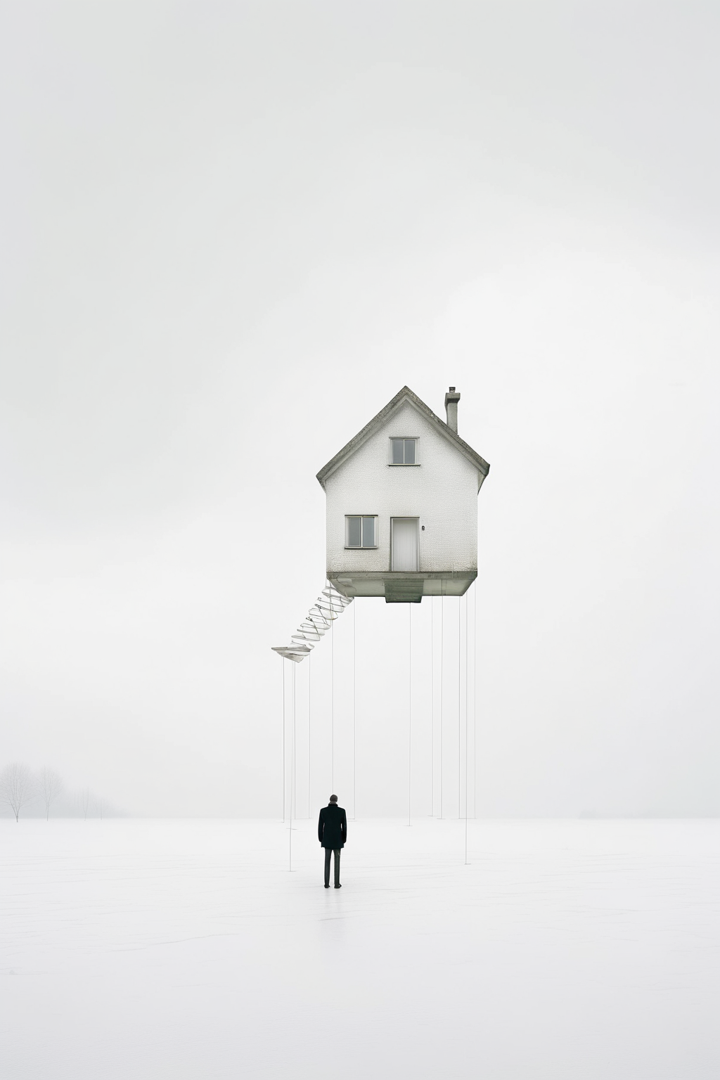 <lora:Akos Major style:1>Akos Major style - A man in a white space, a suspended house artwork