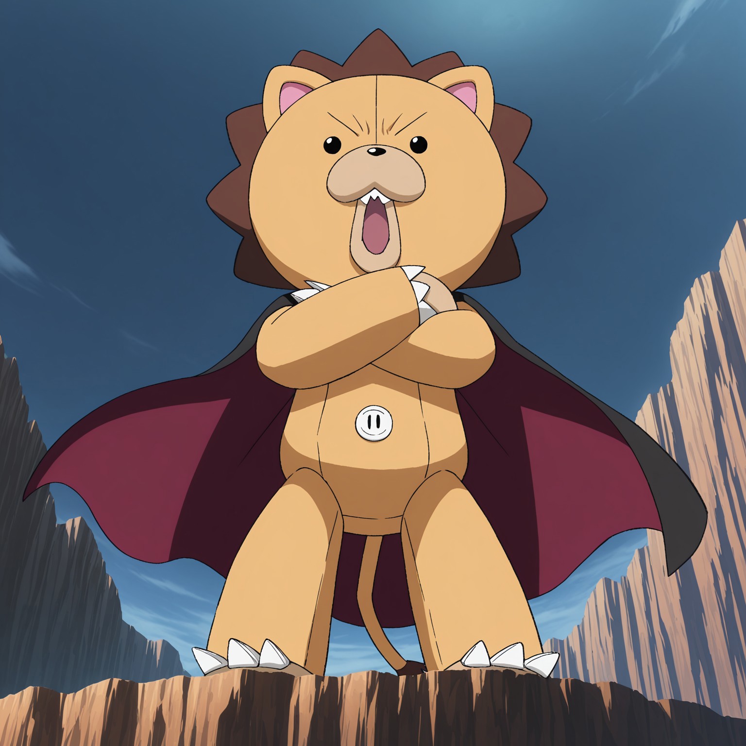 2d, 1boy, male, Kon, no sclera, dot eyes, black eyes, yellow body, Lion, brown mane, animal ears, pink inner ears, tail, stuffed animal, plush body, claws, toe claws, black nose, white button 

BREAK cape, arms crossed, from below, confident, open mouth, standing, on cliff, 

BREAK best quality, amazing quality, very aesthetic, absurdres, newest, masterpiece, high quality