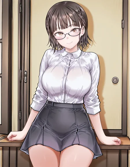 masterpiece,best quality,good quality,perfect anatomy,very aesthetic,highly detailed,,high detail RAW color art,
(1girl),
<lora:isekaiojisan-fujimiya:1.0>,
fujimiyas,brown hair,blunt bangs,short hair,braid,brown eyes,large breasts,glasses,black-framed eyewear,
smile,
shirt,skirt,