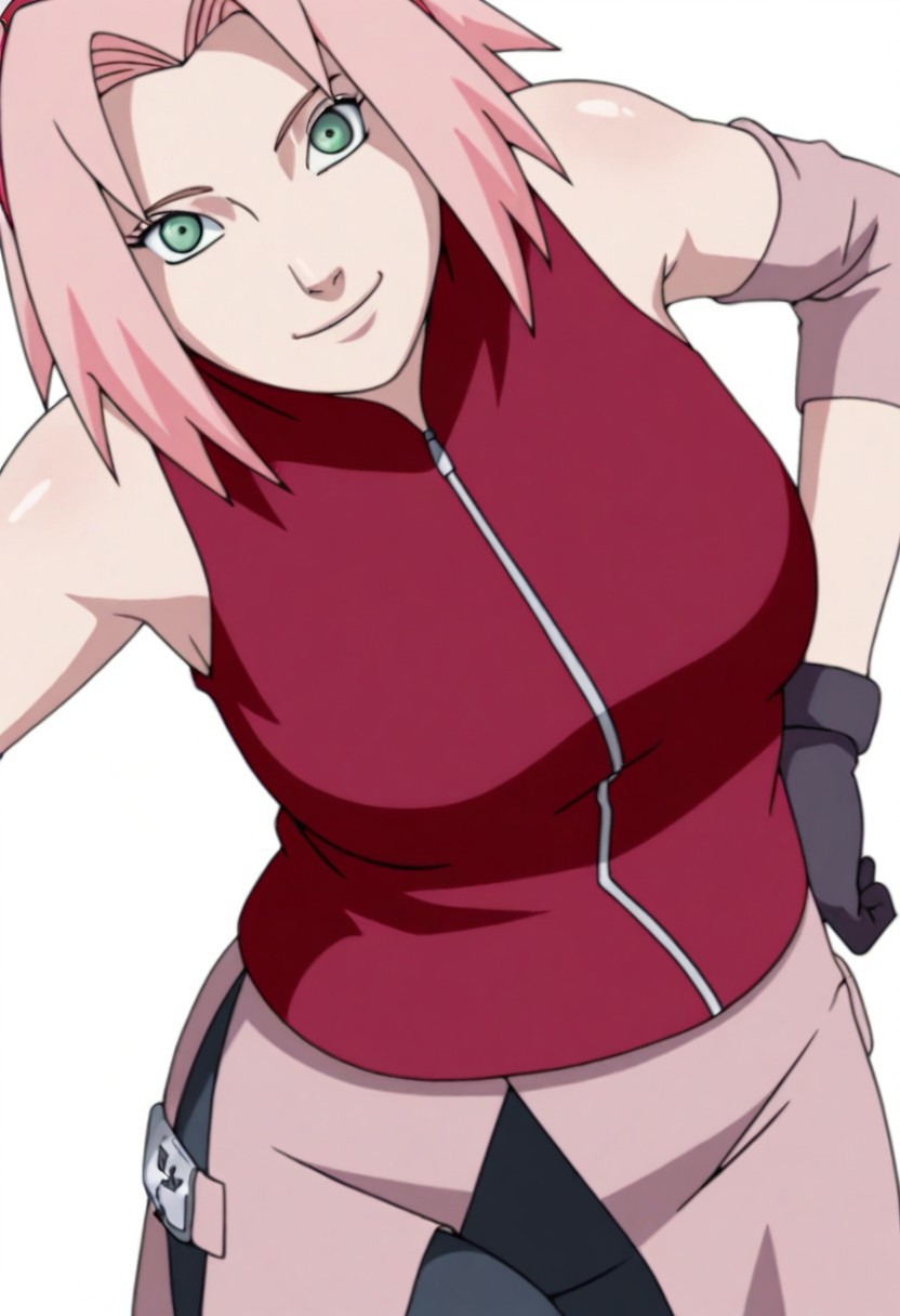 masterpiece, good quality, best quality,  original style,  screencap, 
1girl, solo, haruno sakura, pink hair, short hair, green eyes, sleeveless, red shirt, forehead protector, bike shorts, shorts, black gloves,
standing, smile, looking at the viewer, hot woman, thick body, medium breasts, slightly wide hips, hand on the waist, dynamic pose, posing, close up shot, front view, front angle, upper body portrait, focus body portrait, Dutch angle, white background