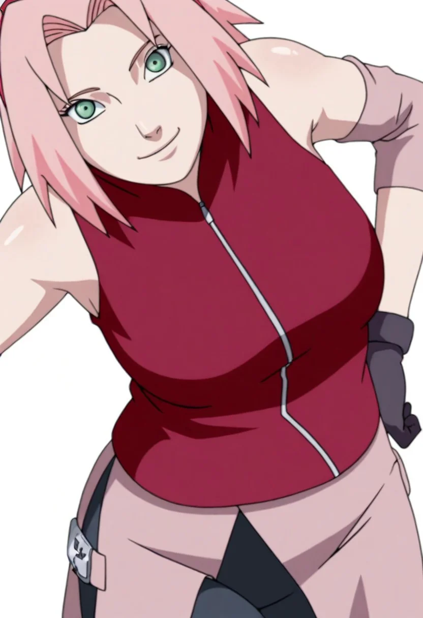 masterpiece, good quality, best quality, original style, screencap,
1girl, solo, haruno sakura, pink hair, short hair, green eyes, sleeveless, red shirt, forehead protector, bike shorts, shorts, black gloves,
standing, smile, looking at the viewer, hot woman, thick body, medium breasts, slightly wide hips, hand on the waist, dynamic pose, posing, close up shot, front view, front angle, upper body portrait, focus body portrait, Dutch angle, white background