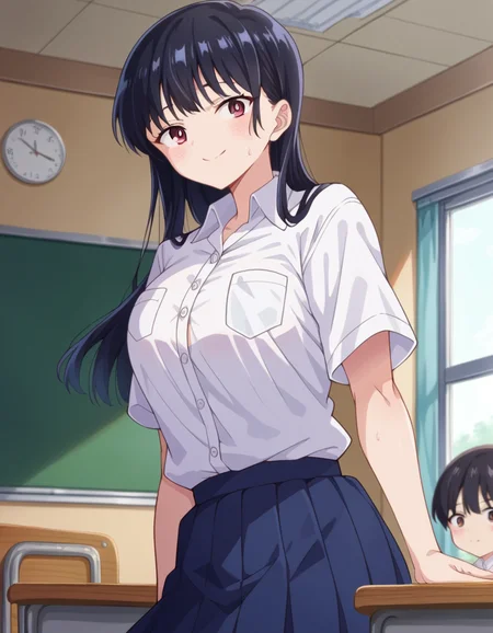 score_9, score_8_up, score_7_up, source_anime,
annayamada, <lora:anna-yamada-s2-ponyxl-lora-nochekaiser:1>,
anna yamada, long hair, bangs, black hair, brown eyes,
skirt, shirt, school uniform, white shirt, pleated skirt, collared shirt, sweatdrop, blue skirt, pocket, shirt tucked in, breast pocket,
indoors, classroom, smile,
looking at viewer, cowboy shot, dutch angle,