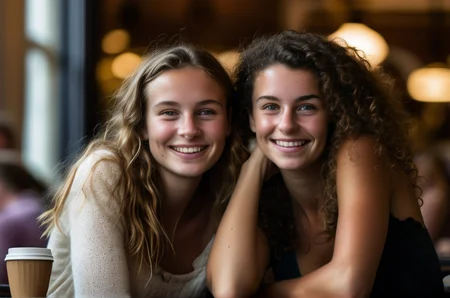 In an endearing close-up photograph, two close young european girls, with radiant smiles and sparkling eyes, sitting in a cafe and looking directly at the viewer. The genuine bond between them is evident in their warm expressions. The background, beautifully blurred through a high depth of field, accentuates the focus on their heartfelt connection. Captured in a Photographic style with a 50mm prime lens, ensuring exquisite facial details and a natural perspective that brings out the authenticity of their friendship.  <lora:faces_v3:0.9>
