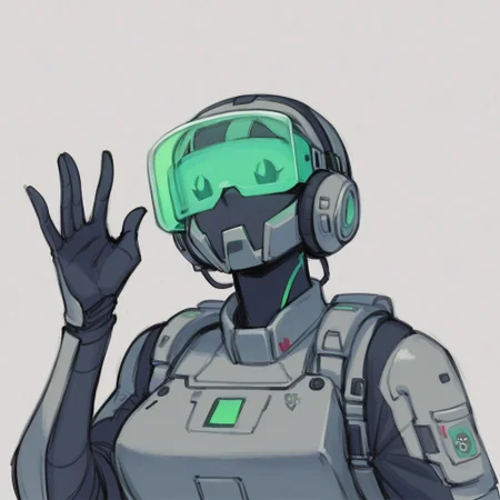 score_9, score_8_up, score_7_up, score_6_up, 1girl, on an airfield, futuristic astronaut, bulky body armor, hkstyle, full power armor, CHONK, large backpack, (open visor:1.4), (visible face:1.4), waving, neon green accessories, professional illustration, extreme detail, angular brush, iridescent, HRMN