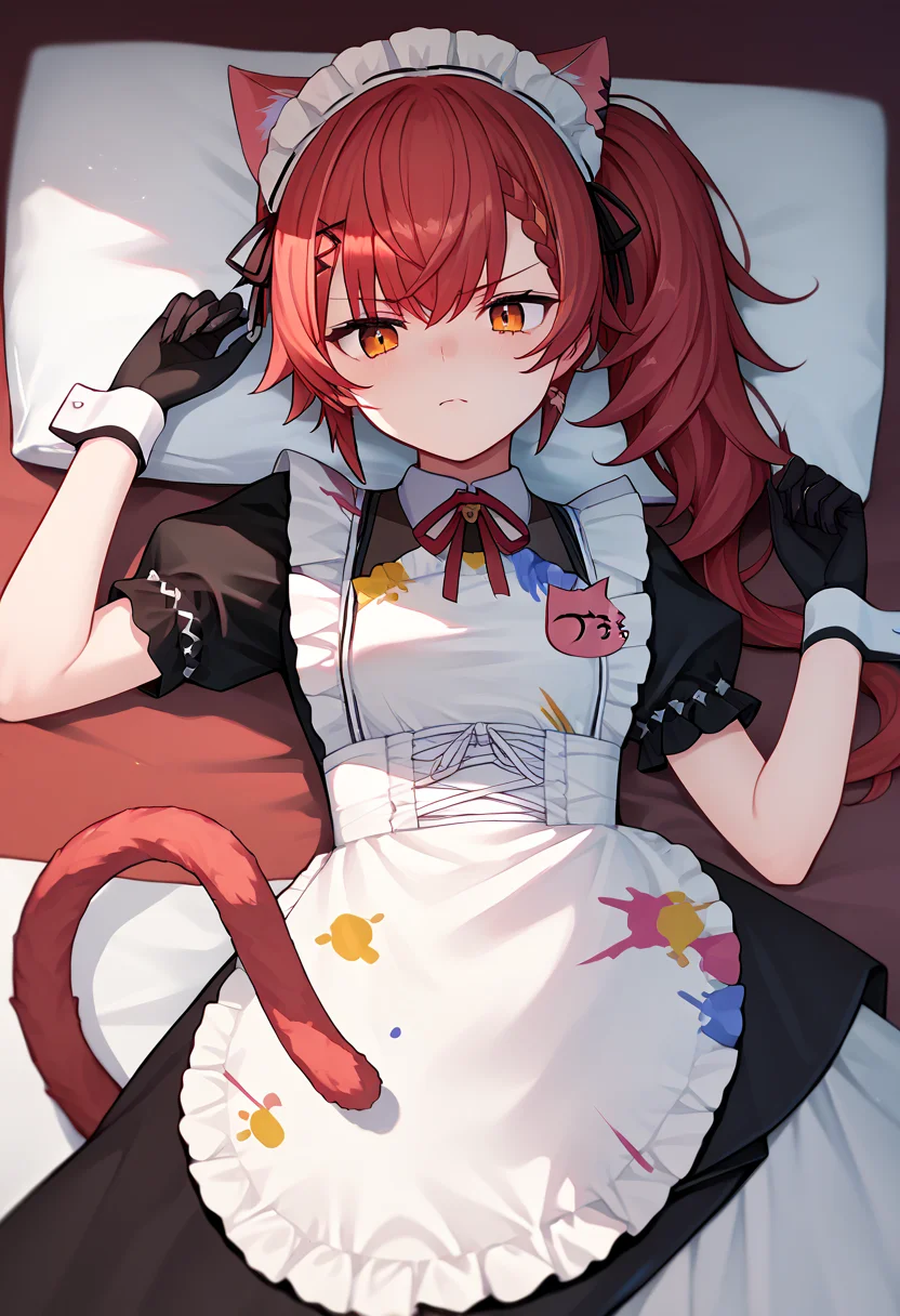score_9, score_8_up, score_7_up, score_6_up, nekota3rd, long hair, braid, side ponytail, maid headdress, animal ears, frills, black dress, neck ribbon, white apron, maid apron, frilled apron, puffy short sleeves, wrist cuffs, black gloves, cat tail<lora:vspo_nekotatsuna_ponyXL:1> source_anime, laying down, contempt