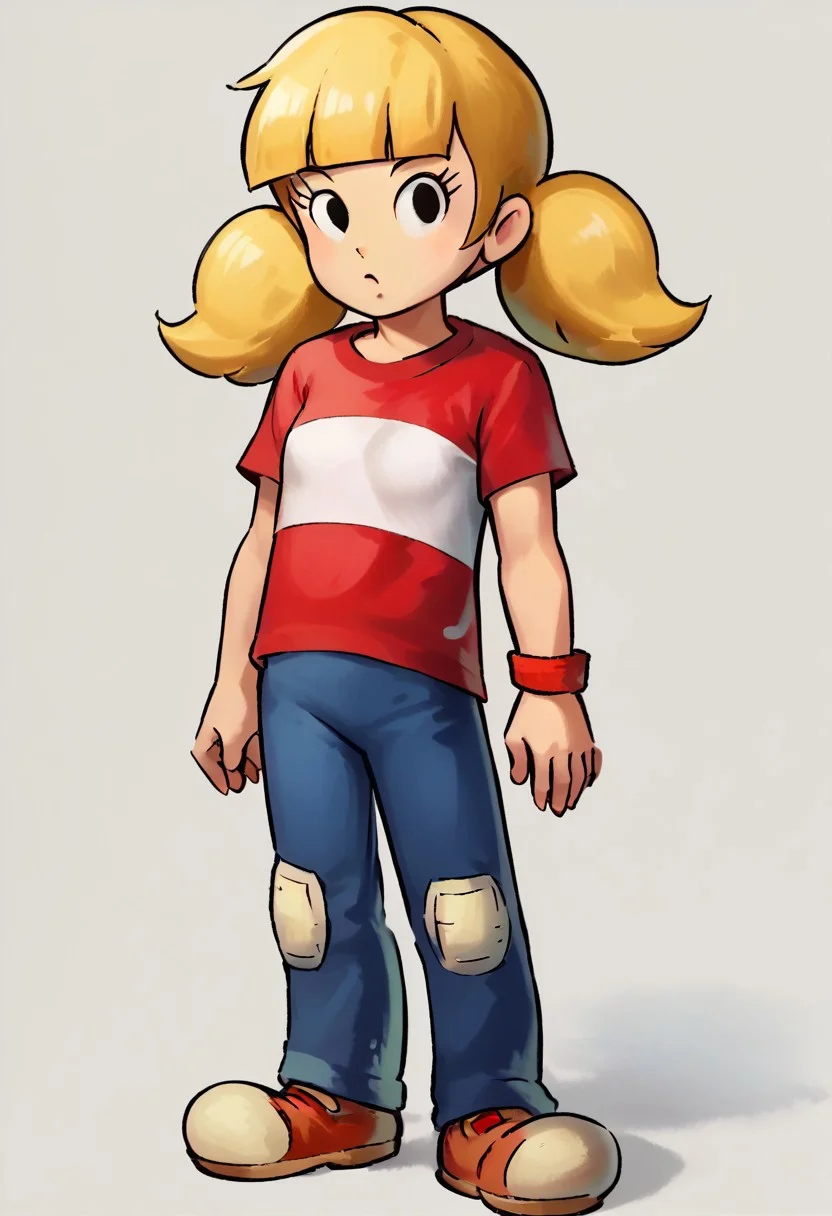 score_8, score_8_up, score_7_up, score_6_up, BREAK, 1girl, solo, female focus, penny_ig, flat chest, blonde hair, twintails, black eyes, red shirt, stripe, pants, knee patch,, full body, standing, looking at viewer, simple background, white ground