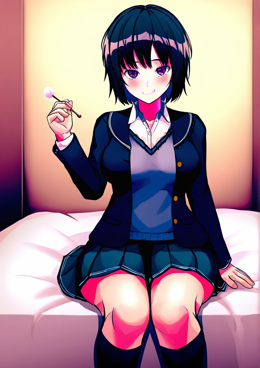 <lora:ngyeohan:1>,1girl, nanasaki ai, detailed background, huge breasts, wide hips, arm at side, bed sheet, black hair, black jacket, black skirt, black socks, blazer, brown eyes, closed mouth, collared shirt, feet out of frame, holding, jacket, kibito high school uniform, kneehighs, long sleeves, looking at viewer, mimikaki, miniskirt, on bed, open clothes, open jacket, pleated skirt, school uniform, shirt, short hair, sitting, skirt, smile, socks, solo, sweater vest, unbuttoned, 
very awa, masterpiece, best quality, highres, absurdes,amazing quality