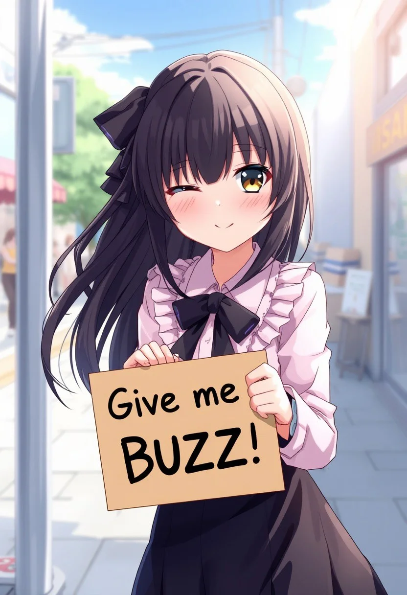 score_4,score_5,score_6,score_7_up,score_8_up,score_9 ((masterpiece,best quality,ultra detailed,highres,HD,4k:1.2)),
1 girl,solo,face focus,
fuyuko mayuzumi, black hair, brown eyes, long hair, two side up,
black bow, black bowtie, black ribbon, black skirt, bow, bowtie, frilled shirt, frills, jirai kei, long sleeves, neck ribbon, pink shirt, ribbon, shirt, skirt, white shirt,
(("Give me Buzz.",Beggars Borad,Holding a sign, holding a sign that says, "Give me Buzz."))
wink,happy,blush, looking at viewer, smile,