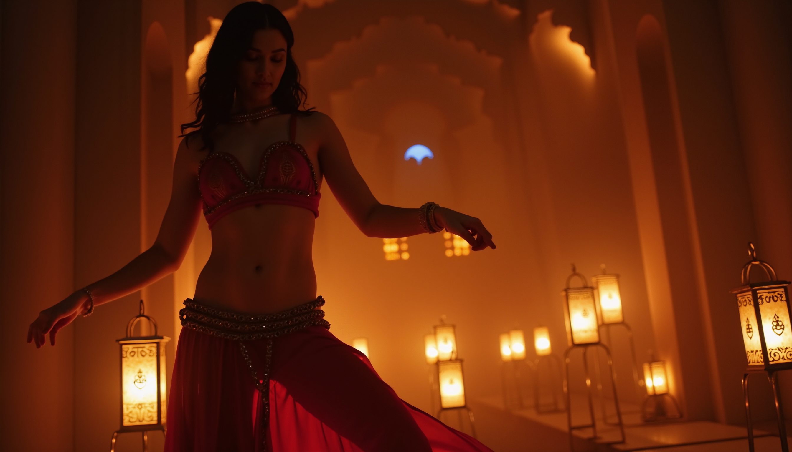 A mesmerizing scene of a young Tunisian woman performing a graceful belly dance, wearing an topless  traditional dress adorned with intricate embroidery and vibrant patterns.Lantern  lights her small breat  exposed and her genital area  The ambiance is mystic, illuminated by the warm glow of ornate lanterns casting delicate shadows across the space. The setting exudes an enchanting atmosphere, with soft, warm lighting and a hint of incense smoke swirling in the air, creating a magical and culturally rich composition. Hyperrealistic and highly detailed, with a focus on movement and emotion.