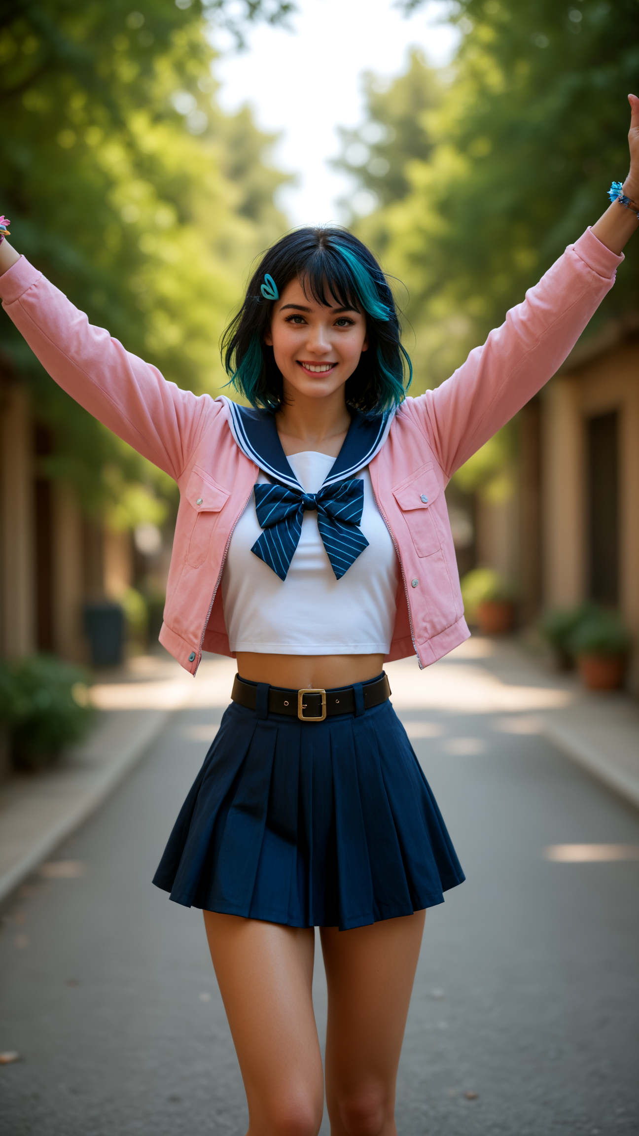zPDXLrl,zPDXL2,rating_explicit, source_anime, cosplay girl, raw photo, realistic, finely detailed,(eerinze, medium hair, streaked hair, hair bow, striped bow, hairclip, sailor collar, striped bowtie, pink jacket, badge, long sleeves, jewelry, bracelet, black belt, blue skirt, multicolored skirt),(A woman standing with one leg crossed over the other, arms folded across her chest, looking down.),
(vivid colors:1.3),from side, (((photo raw)),),glowing,sparkling,(dynamic angle,dynamic pose),whole_body,smile,dance,flowers, underwear,panty,presenting,messy long hair with bangs, ,miniskirt,wearing gothic outfit,
(Python Texture    organza),(nebula, turtle,falling leaf,energy beam,mountain ash),(Elastic Waistband architecture alleyway avalanche),