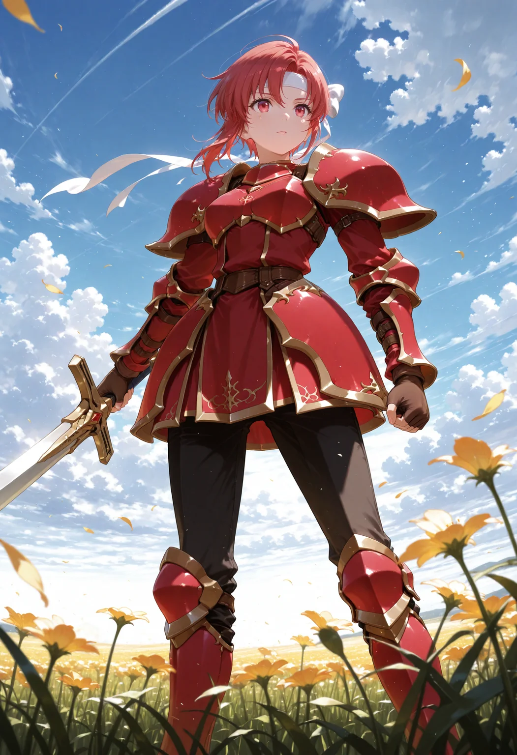 masterpiece,extreme detailed,day,outdoors,field BREAK cecil_(fe),1girl,solo,armor,gloves,short hair,headband,red hair,shoulder armor,short dress,dress,red eyes,pauldrons,red armor,armored boots,pants,<lora:cecil_(fe)-IL:1>,holding sword,
