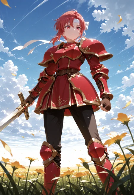 masterpiece,extreme detailed,day,outdoors,field BREAK cecil_(fe),1girl,solo,armor,gloves,short hair,headband,red hair,shoulder armor,short dress,dress,red eyes,pauldrons,red armor,armored boots,pants,<lora:cecil_(fe)-IL:1>,holding sword,